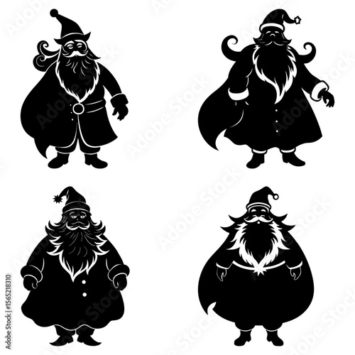 Four santa claus figures in black silhouette with different beard and hat styles arranged on a white background