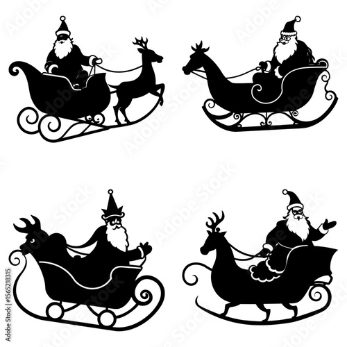 Four silhouette depictions of santa claus riding in a sleigh pulled by a reindeer on white background