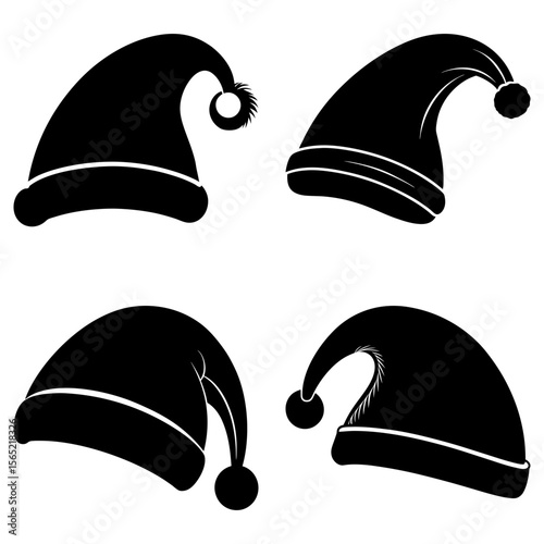 Silhouette illustration of four santa hats with different pom pom styles on a white background design element