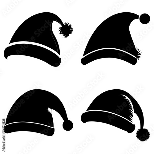Four black santa hats with white trim and pom poms in a square arrangement on a white background