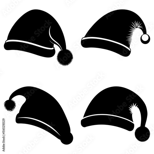 Collection of four black santa hats with white trim and pom poms in various orientations and styles
