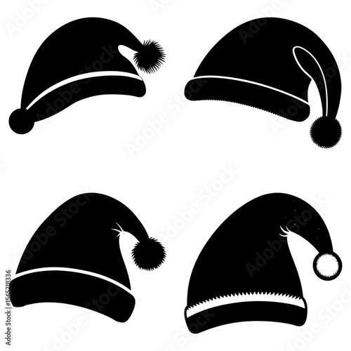 Four black santa hats with different designs and pom poms arranged on a white background in a pattern