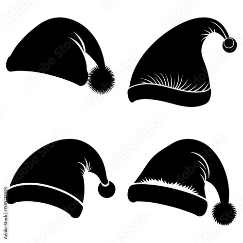 Four santa hats in black silhouette with different styles and pom poms on a white background scene