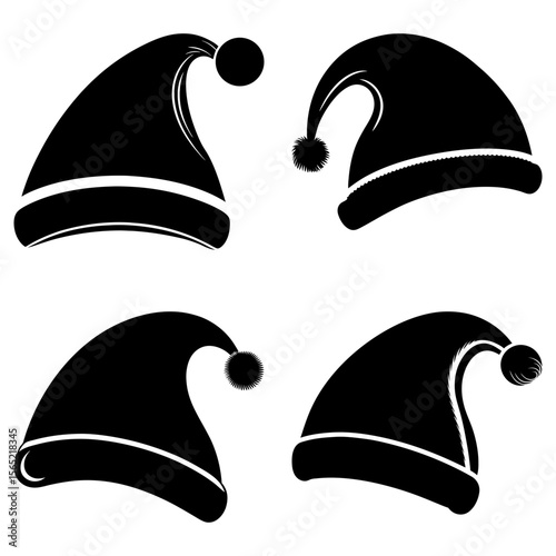 Four black santa hats with pom poms and white trim arranged in a square on a white background image