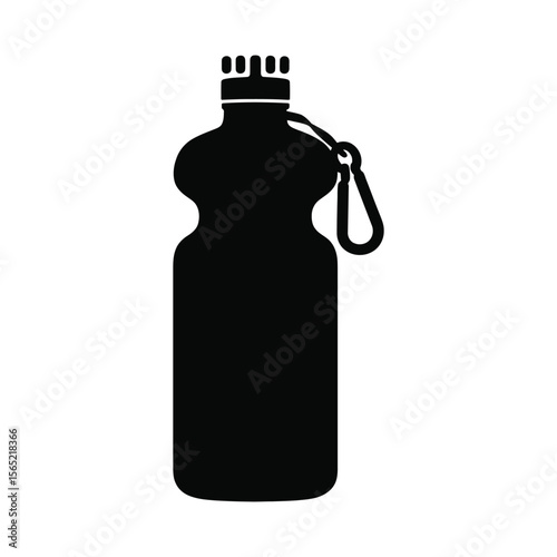Black silhouette of a water bottle with a carabiner clip isolated on white background