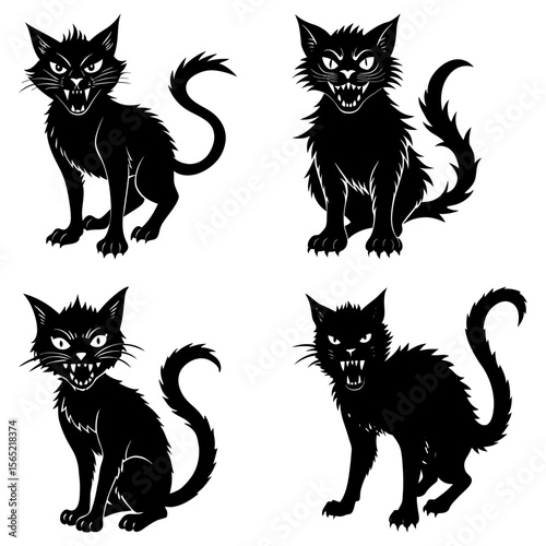 Four black cats with angry expressions and curled tails in a square arrangement on a white background