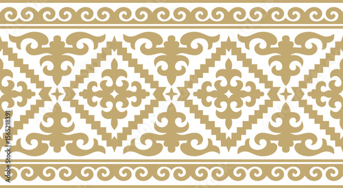 Vector golden seamless Kazakh national ornament. Ethnic endless pattern of the peoples of the Great Steppe, Mongols, Kyrgyz, Kalmyks, 
Buryats. circle, frame border.