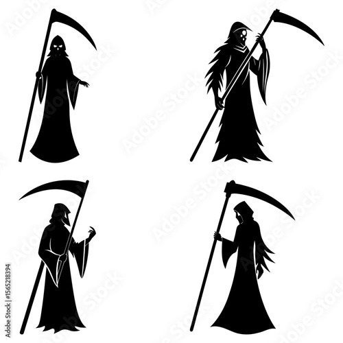 Four black and white grim reapers with scythes in various poses on a white background illustration