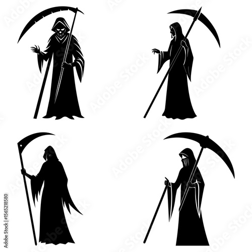 Four grim reapers silhouettes with scythes in various poses isolated on a white background design vector