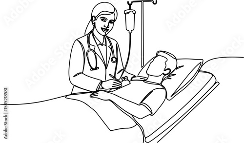 Female Doctor Caring for Patient in Hospital Line Art