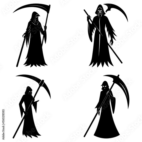 Four grim reaper silhouettes with scythes in various poses on a white background showing death figures