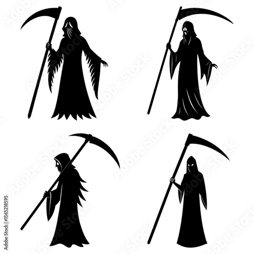 Silhouettes of grim reapers wielding scythes in various poses against a white background display