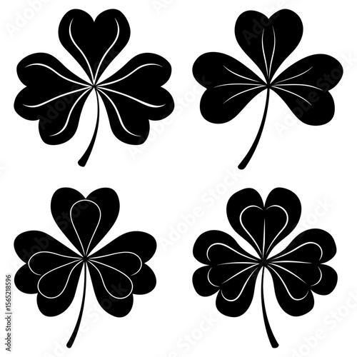Four black shamrocks with heart shaped leaves and stems arranged on a white background design element