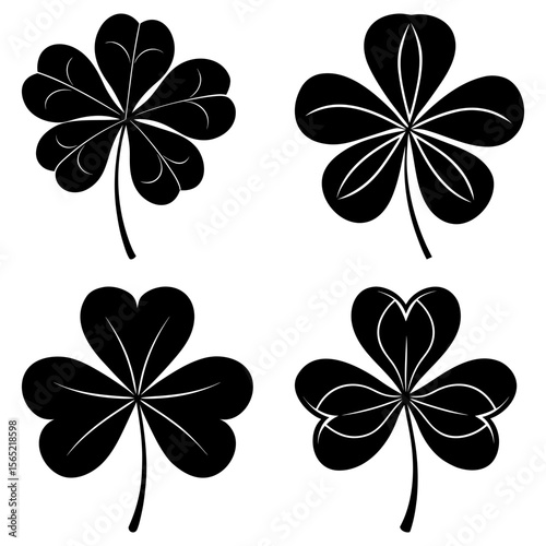 Four black and white clover illustrations with varying leaf counts and simple stem designs shown clearly