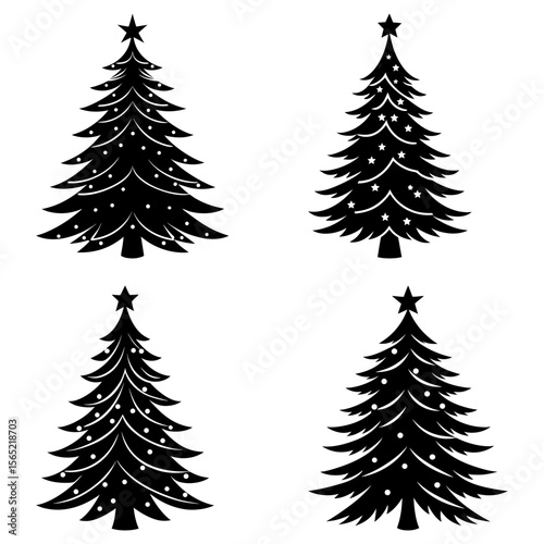 Four christmas trees with star toppers and white decorations in a black and white vector illustration