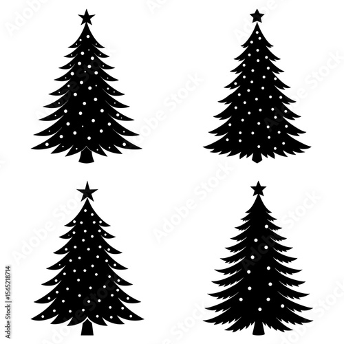 Four christmas trees with stars and ornaments in black and white holiday season illustration art