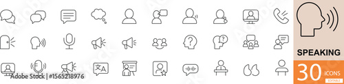 This Speaking Icon Set features 30 flat vector line icons in a minimalist black line style. Each icon represents a unique aspect of communication, such as speech, chat, podcast,