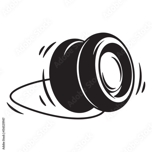 Black and white spinning tire vector illustration on a white background for design projects