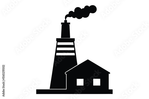 Black silhouette of a factory with a tall chimney emitting smoke and an attached building