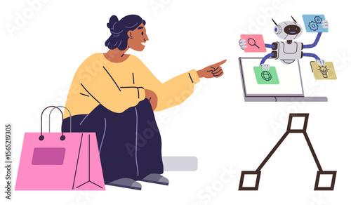 Woman sitting beside a shopping bag pointing towards a robot analyzing tasks on a laptop screen. Ideal for AI, technology, e-commerce, innovation, automation, digital assistance, simplification