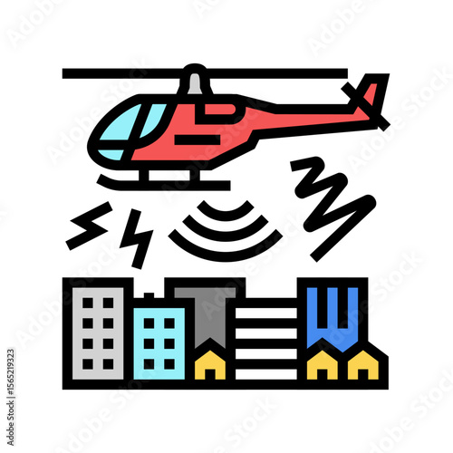 helicopter flying overhead sound waves radiating color icon vector illustration