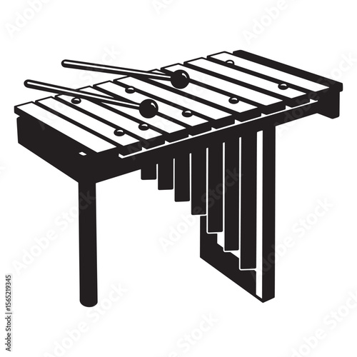 Black and white vector illustration of a xylophone and mallets in artistic design
