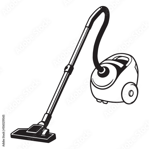Black and white vector illustration of a modern upright and canister vacuum cleaner