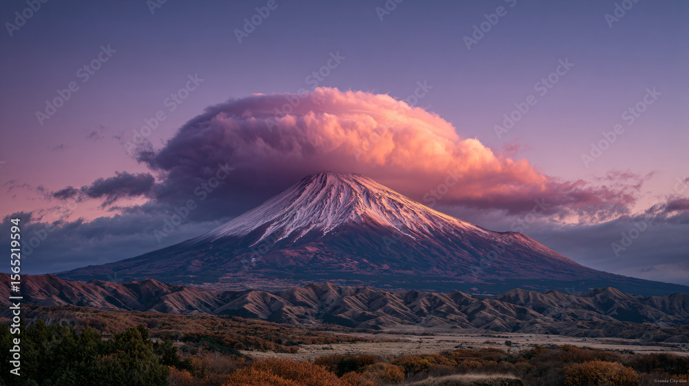 Obraz premium Fiery Lenticular Cloud Crowning Mt. Fuji at Dusk