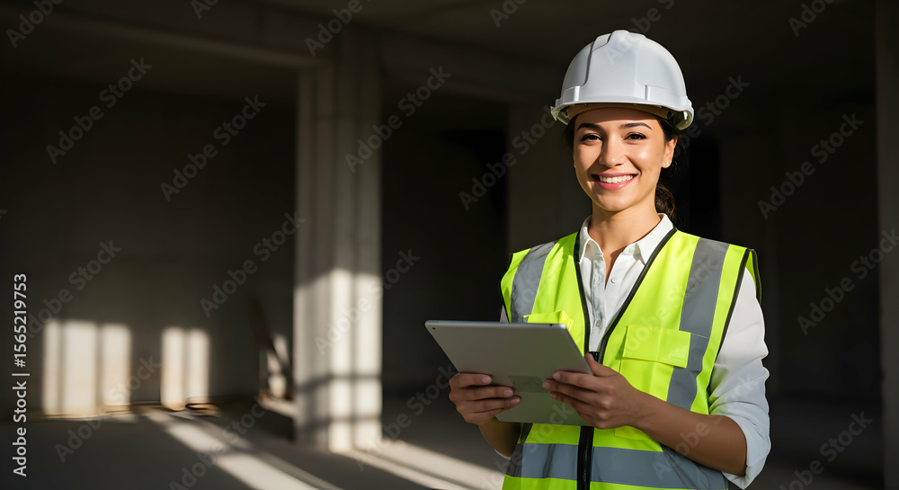 Fototapeta premium Confident female engineer using tablet on construction site smiling at camera successful businesswoman architect building project management industry