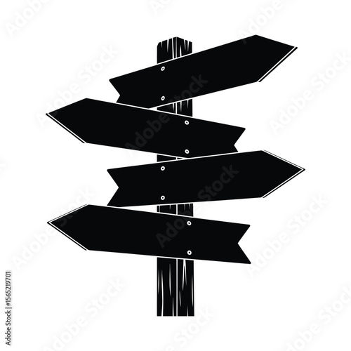 Black silhouette of a wooden directional signpost with multiple arrows isolated on white background silhouette