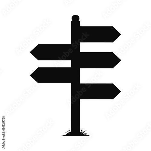 Black silhouette of a directional signpost with multiple arrows isolated on white background silhouette