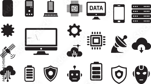 Technology icons including computer server satellite chip cloud battery robot vector