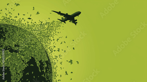 Sustainable Aviation Fuel biofuel aviation environment. SAF. Renewable industry. Emission future. Jet silhouette over green globe with leaf trail design.