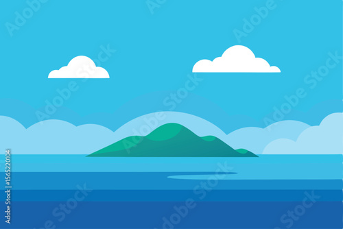 Serene Island Landscape Tranquil Ocean View with Lush Green Hills and Fluffy Clouds