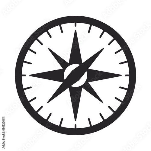 Black compass rose silhouette with directional points isolated on white background