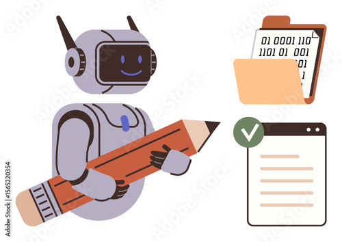 Robot holding a pencil, binary file folder, and completed checklist browser window with a green checkmark. Ideal for AI, automation, data processing, technology, machine learning, writing tools