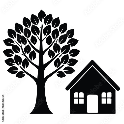Simple black silhouette of a tree next to a house icon