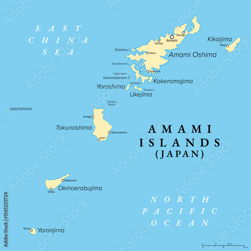 Amami Islands, island group of Japan, political map. Japanese archipelago in the Satsunan Islands, which is part of the Ryukyu Islands, and belonging to the Kagoshima Prefecture. Illustration. Vector