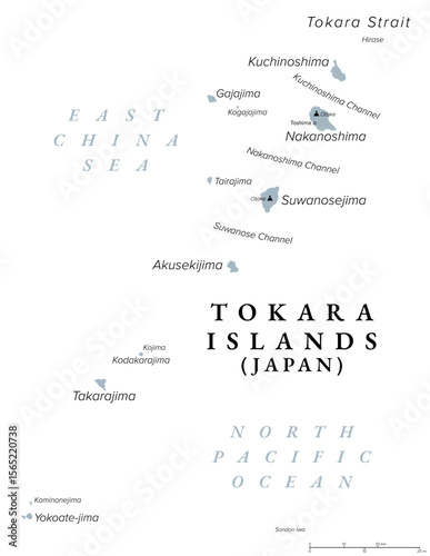 Tokara Islands, island group of Japan, gray political map. Archipelago in the Nansei Islands, part of Satsunan Islands and the Ryukyu Archipelago, belonging to Toshima Village, Kagoshima Prefecture.