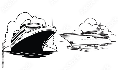 Big cruise ship clip art. Flat monochrome vector illustration, Ship silhouette Vector design
