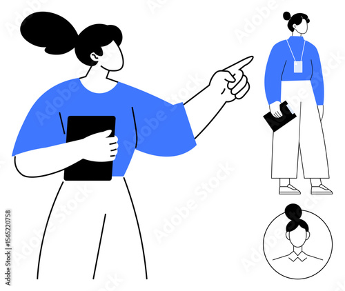 Woman holding tablet pointing forward, secondary figure with ID badge and clipboard, round headshot. Ideal for leadership, business, organization, teamwork, career guidance direction. Flat simple