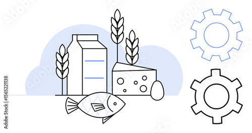 Milk carton, cheese, fish, wheat stalks, egg, and gears representing food production, agriculture, industry and systems integration. Ideal for agribusiness sustainability production systems