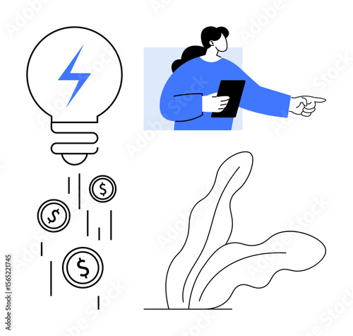 Light bulb with lightning bolt releasing coins, person in blue holding tablet and pointing, abstract plant. Ideal for innovation, investment, technology, creativity, guidance, sustainability