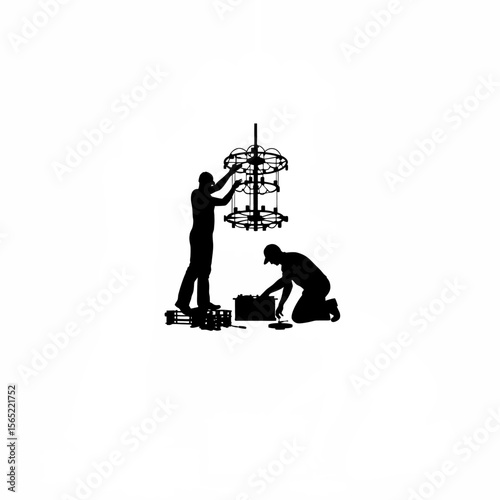 Silhouette of engineers assembling components for a quantum computer on white background
