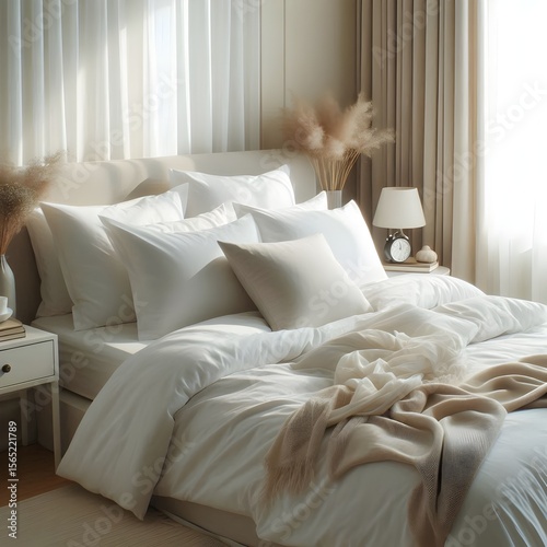 Wallpaper Mural Minimalist bedroom interior design with wooden bed furniture white bedding and home accessories empty wall mockup for art gallery prints or bedroom advertising
 Torontodigital.ca