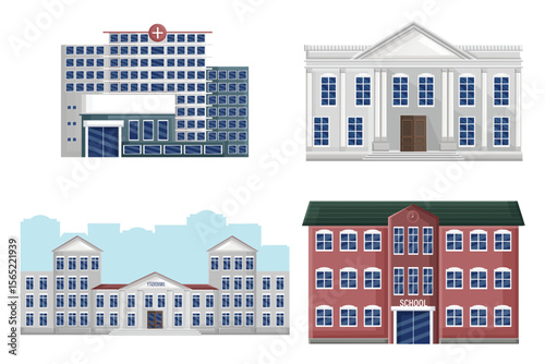 Four building illustrations hospital generic building university school