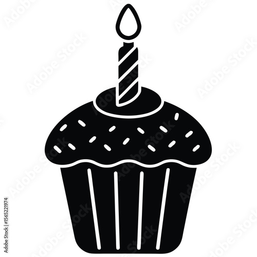 Black and white silhouette icon of a cupcake with a striped candle and sprinkles