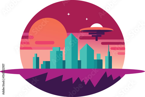 Futuristic Cityscape at Sunset with UFO A Vibrant Digital Illustration