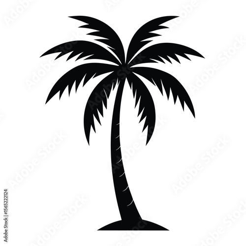 Simple black silhouette of a palm tree with large fronds on a white background