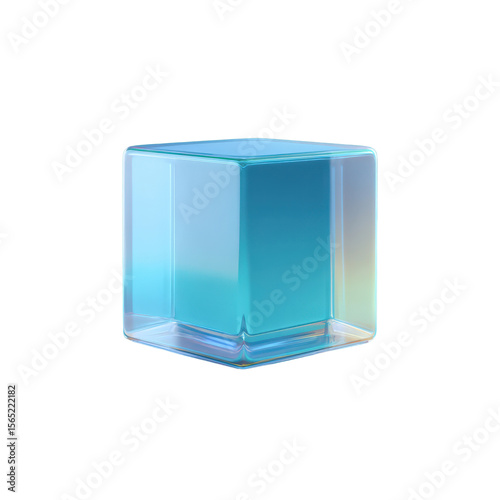 Abstract blue cube, 3D render, translucent, iridescent, glass, prism, modern, object